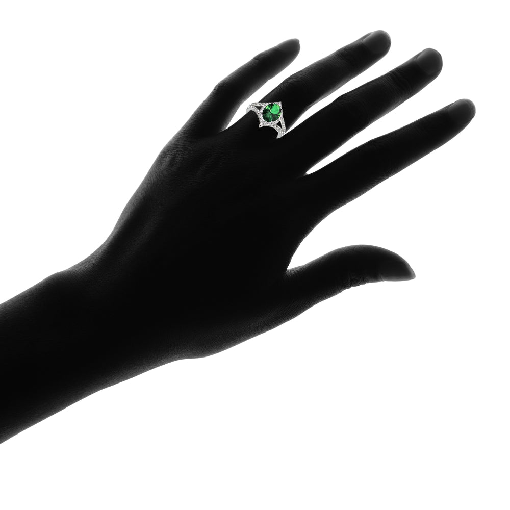 Sterling Silver Simulated Emerald and White Topaz Oval Fashion Split Shank Ring, Size 9-4