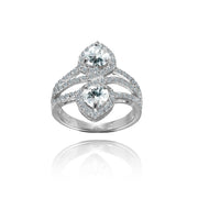 Sterling Silver Aquamarine and White Topaz Heart Halo Friendship Ring