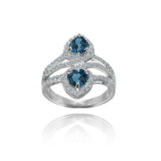 Sterling Silver London Blue Topaz and White Topaz Heart Halo Friendship Ring