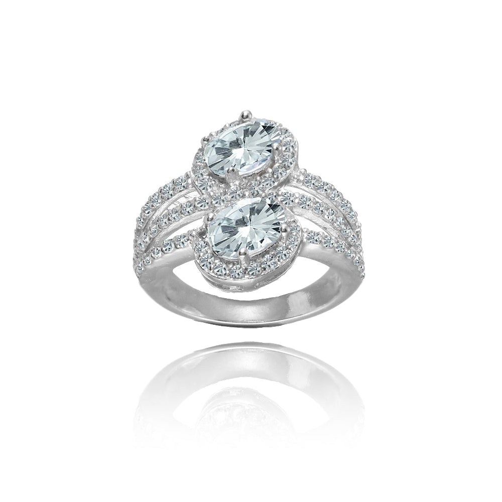 Sterling Silver Aquamarine and White Topaz Oval Halo Friendship Ring