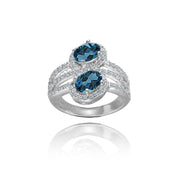 Sterling Silver London Blue Topaz and White Topaz Oval Halo Friendship Ring