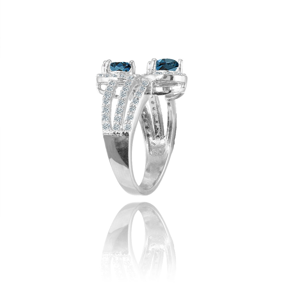 Sterling Silver London Blue Topaz and White Topaz Oval Halo Friendship Ring-2