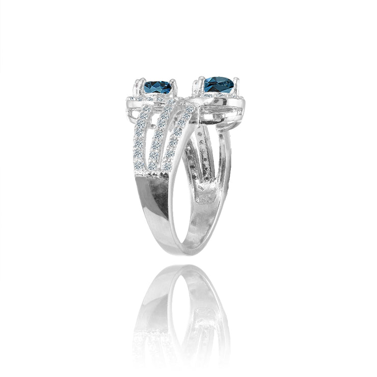 Sterling Silver London Blue Topaz and White Topaz Oval Halo Friendship Ring