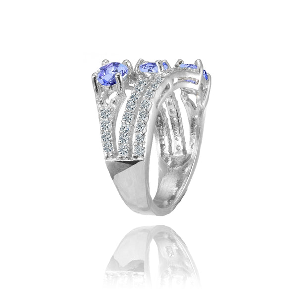 Sterling Silver Tanzanite and White Topaz Oval Three Stone Ring
