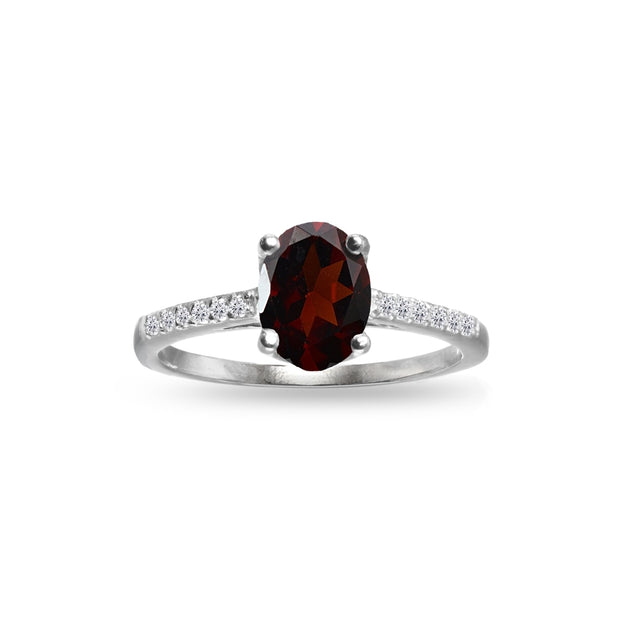 Sterling Silver Garnet and White Topaz Oval Crown Ring