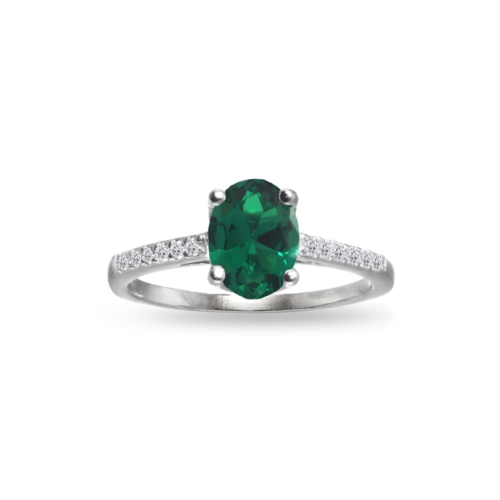 Sterling Silver Simulated Emerald and White Topaz Oval Crown Ring, Size 5