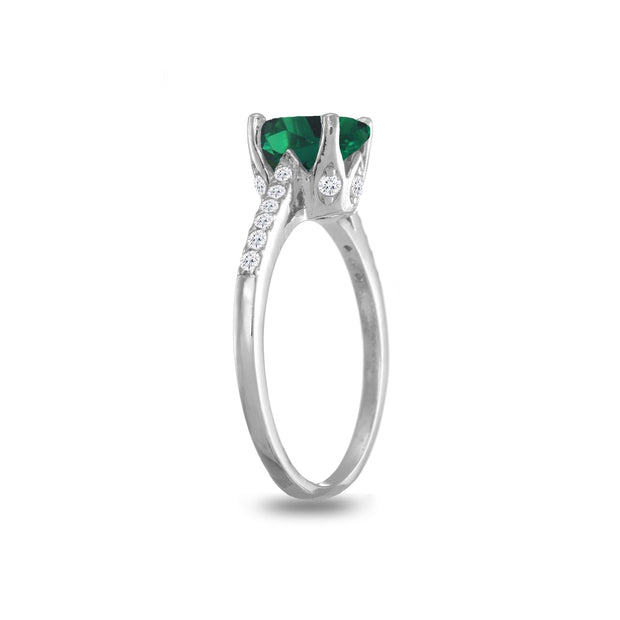 Sterling Silver Simulated Emerald and White Topaz Oval Crown Ring, Size 5