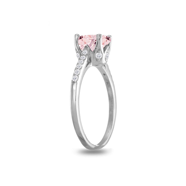Sterling Silver Created Morganite and White Topaz Oval Crown Ring