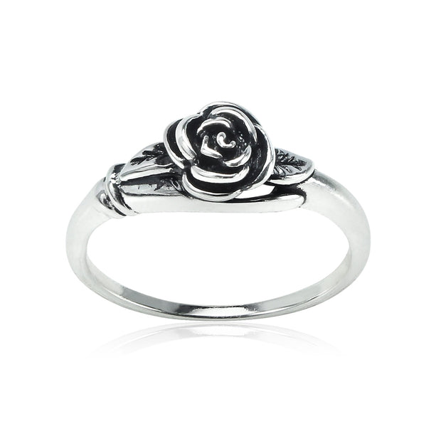 Sterling Silver Oxidized Flower Rose Ring,