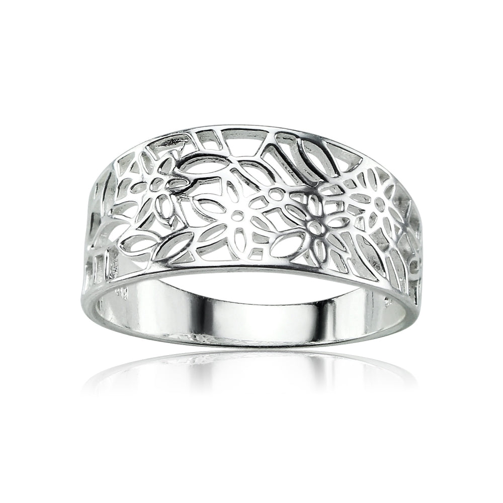 Sterling Silver Polished Filigree Flower Ring,
