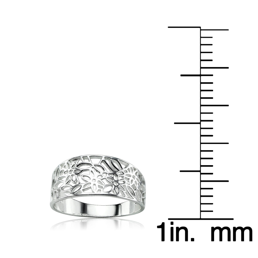 Sterling Silver Polished Filigree Flower Ring,-4