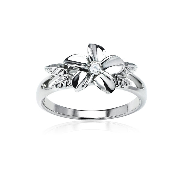 Sterling Silver Cubic Zirconia Petal Flower Ring,