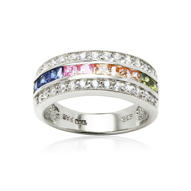 Sterling Silver Multi-Color Cubic Zirconia Channel Set Fashion Ring,