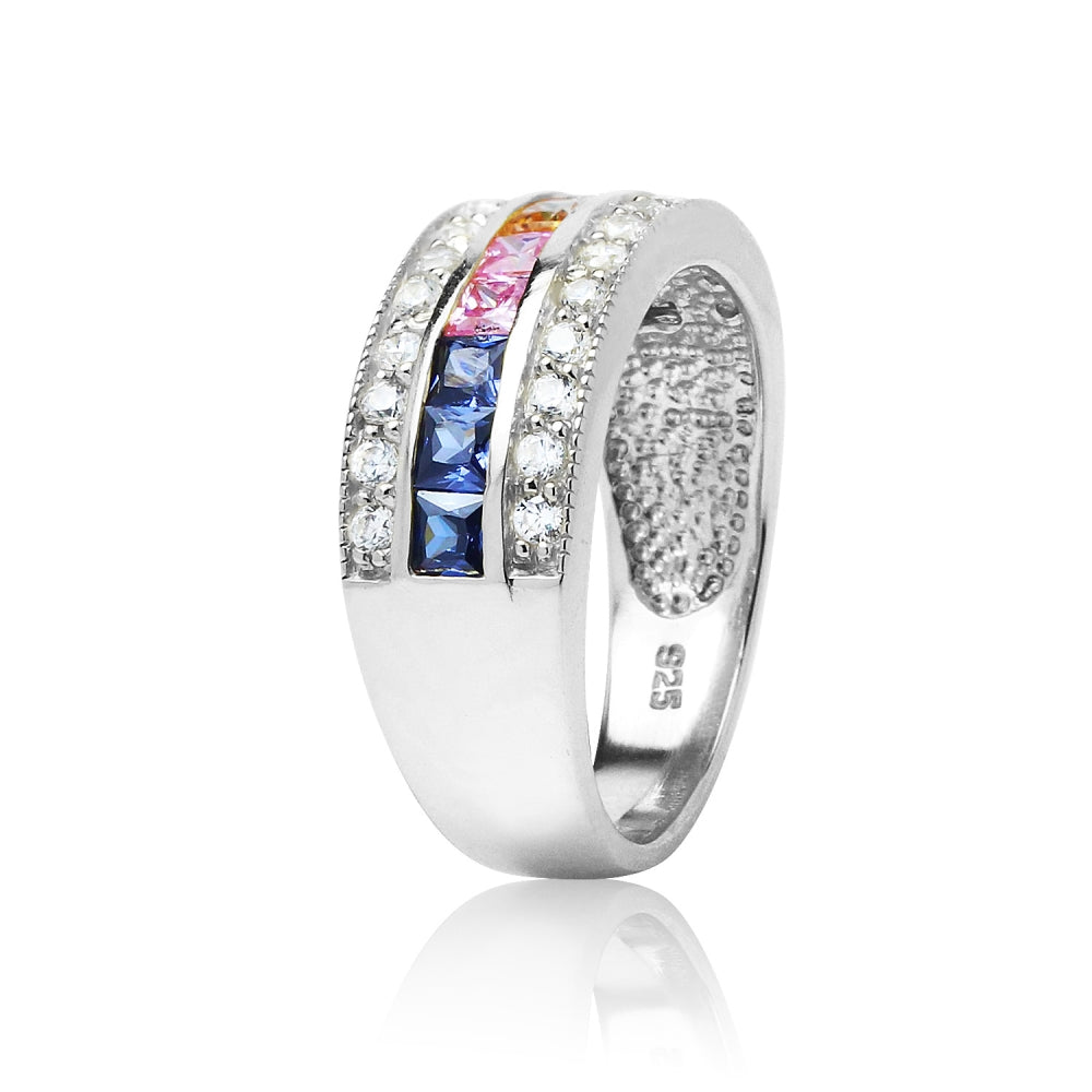 Sterling Silver Multi-Color Cubic Zirconia Channel Set Fashion Ring,-2