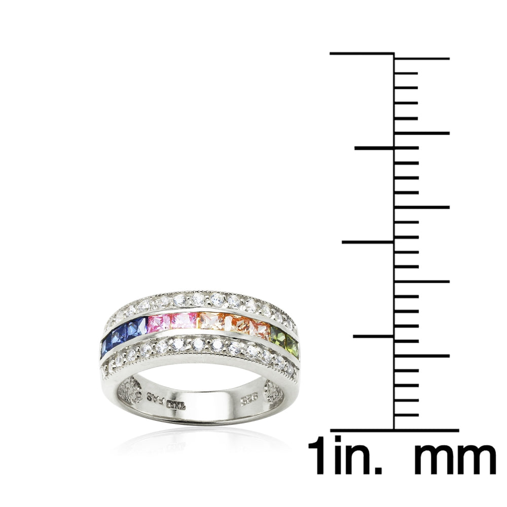 Sterling Silver Multi-Color Cubic Zirconia Channel Set Fashion Ring,-4