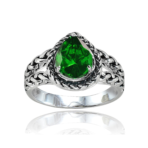 Sterling Silver Simulated Emerald Pear-Cut Oxidized Rope Split Shank Ring, Size 7