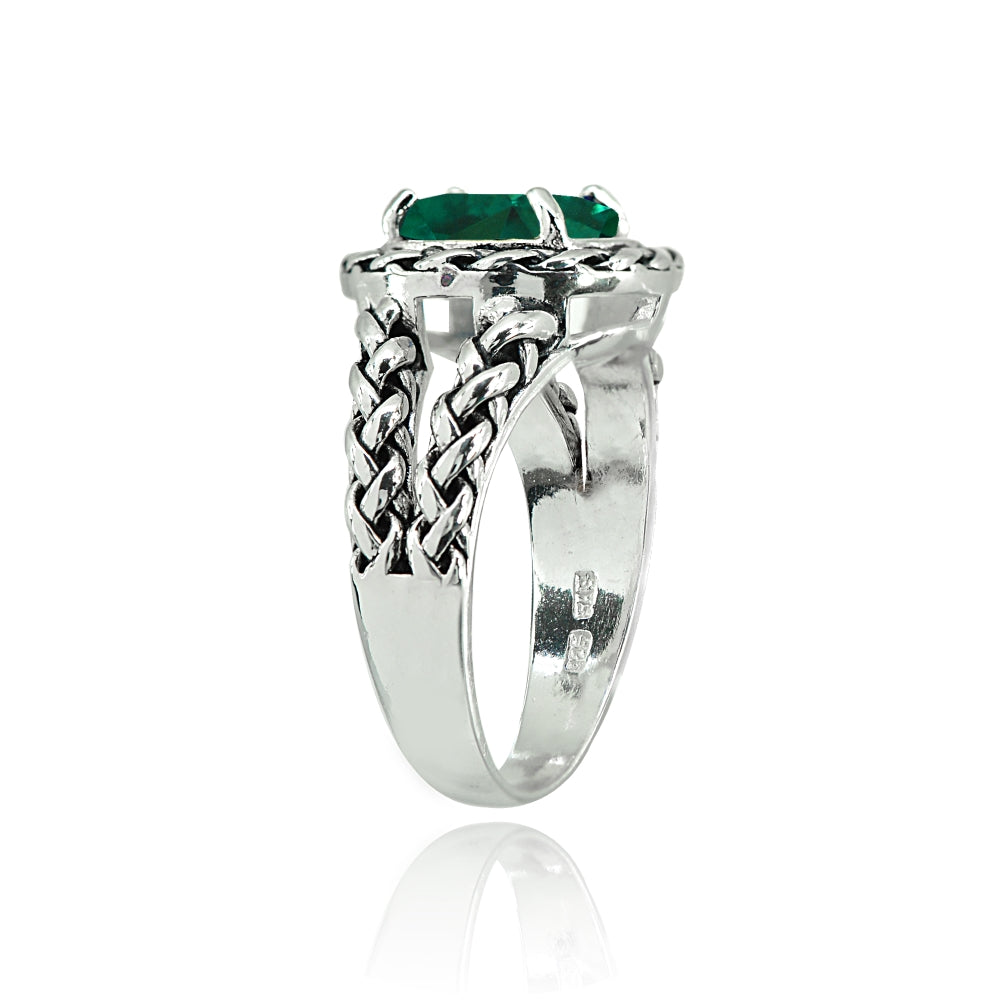 Sterling Silver Simulated Emerald Pear-Cut Oxidized Rope Split Shank Ring, Size 7-2