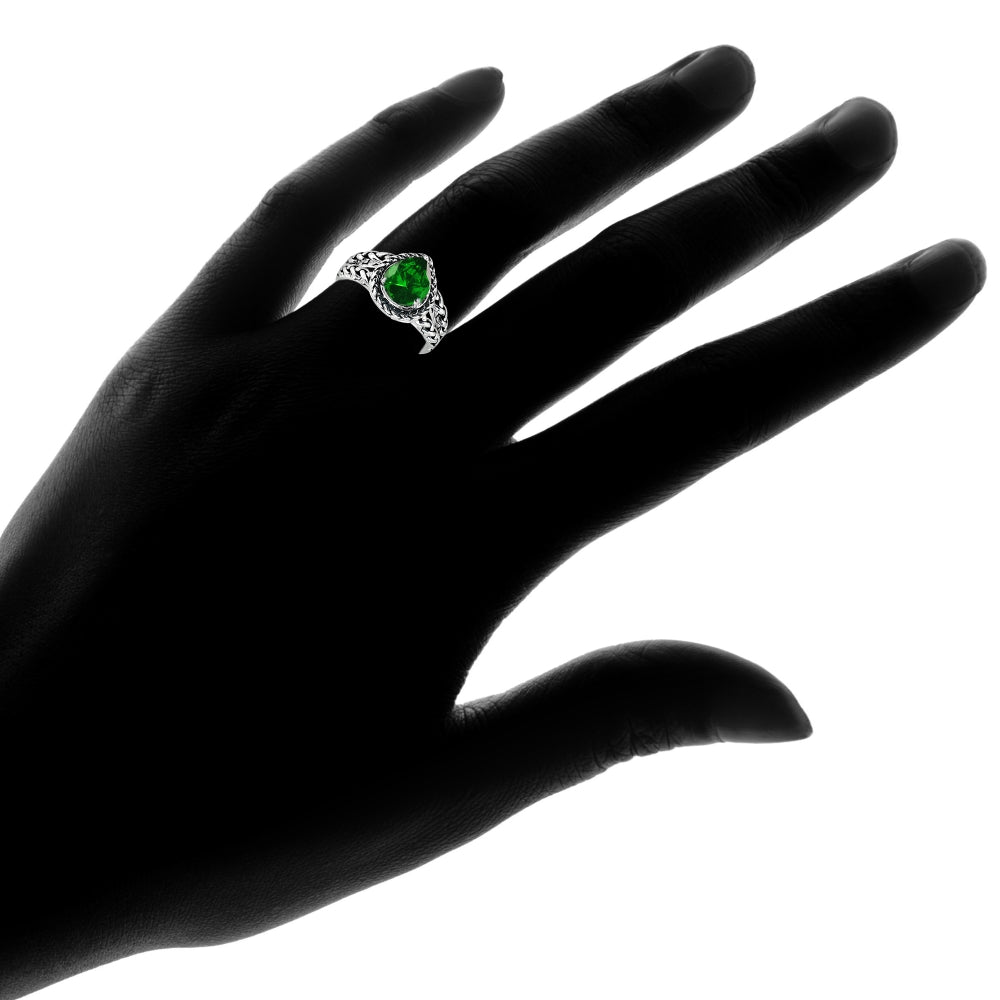 Sterling Silver Simulated Emerald Pear-Cut Oxidized Rope Split Shank Ring, Size 7-3
