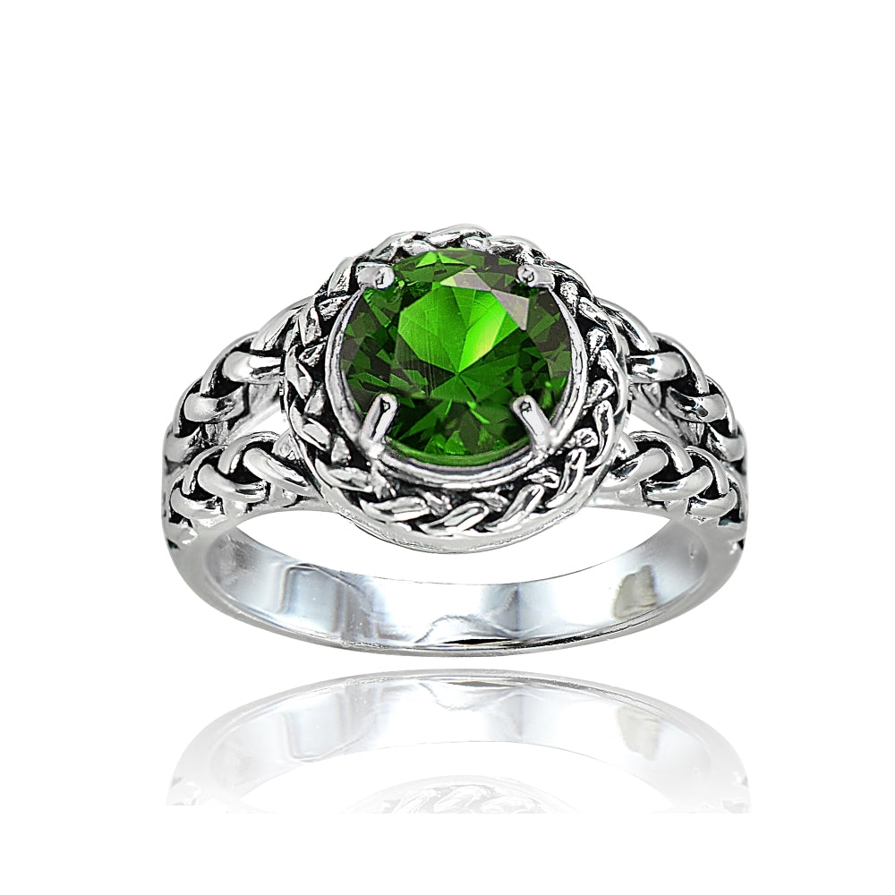 Sterling Silver Simulated Emerald Round Oxidized Rope Split Shank Ring, Size 7