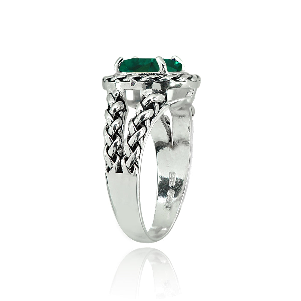 Sterling Silver Simulated Emerald Round Oxidized Rope Split Shank Ring, Size 7-2