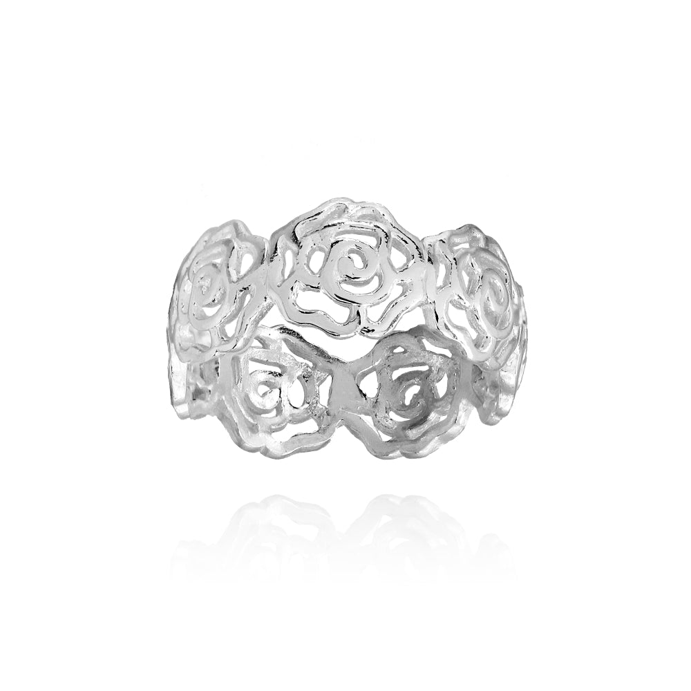 Sterling Silver High Polished Filigree Rose Flower Band Ring,