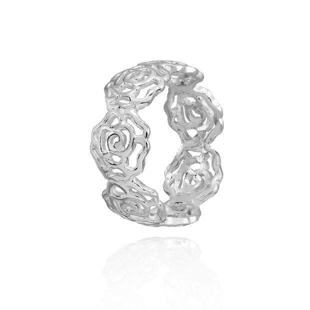 Sterling Silver High Polished Filigree Rose Flower Band Ring,
