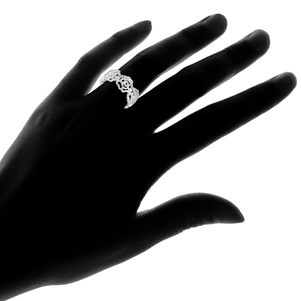 Sterling Silver High Polished Filigree Rose Flower Band Ring,-3