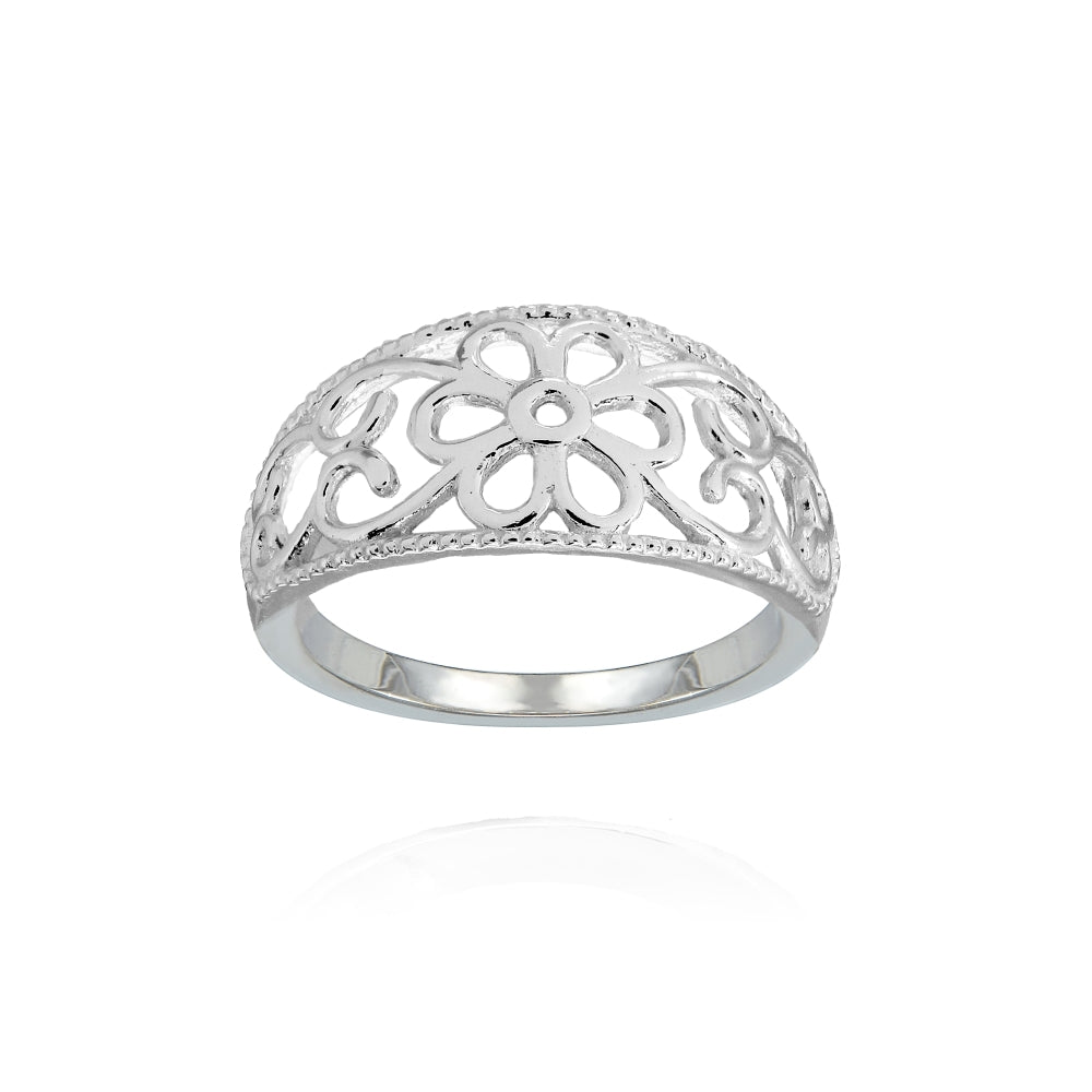Sterling Silver High Polished Textured Filigree Flower Ring,