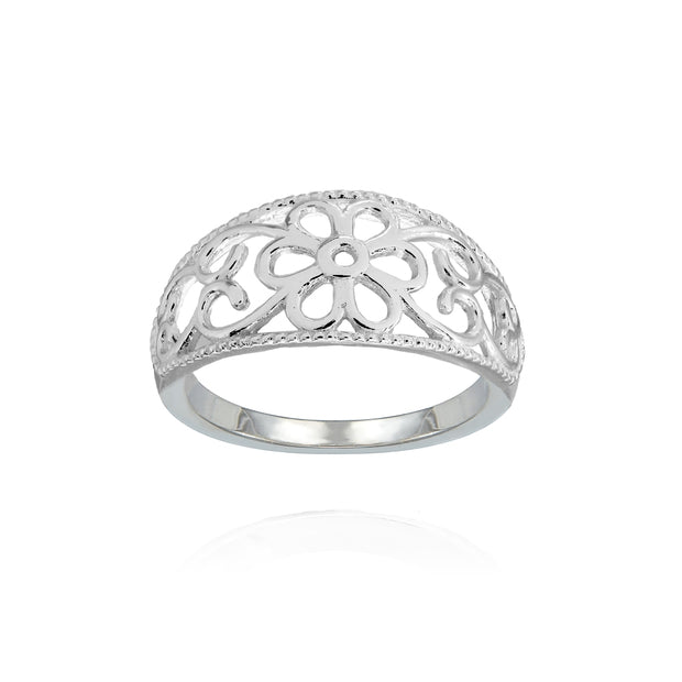 Sterling Silver High Polished Textured Filigree Flower Ring,