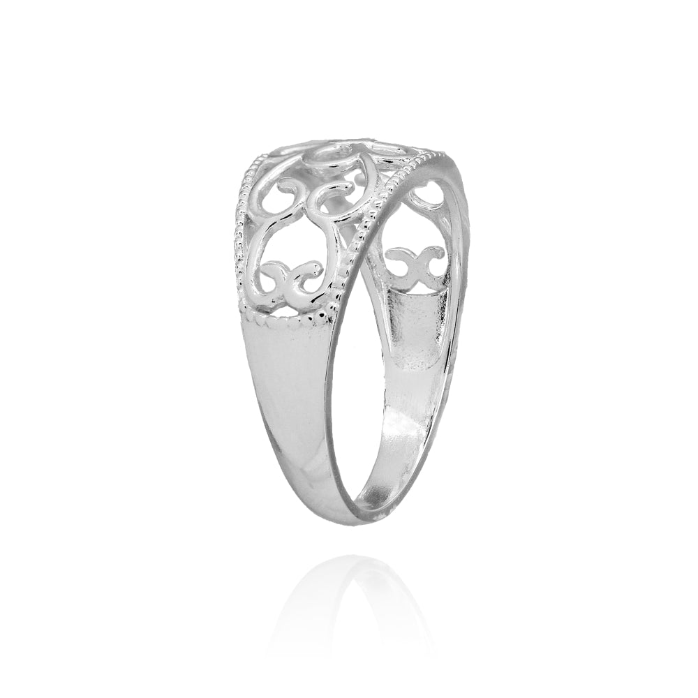 Sterling Silver High Polished Textured Filigree Flower Ring,-2