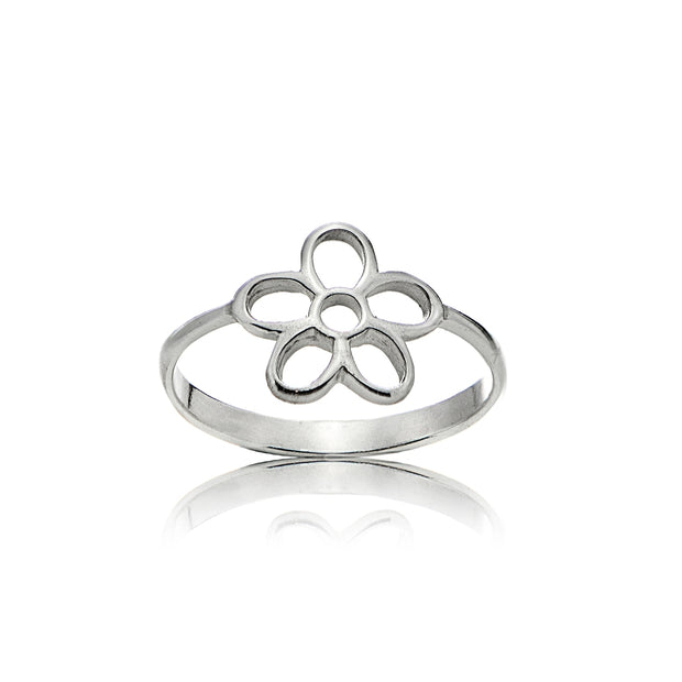 Sterling Silver High Polished Plain Simple Hollow Cutout Flower Ring,
