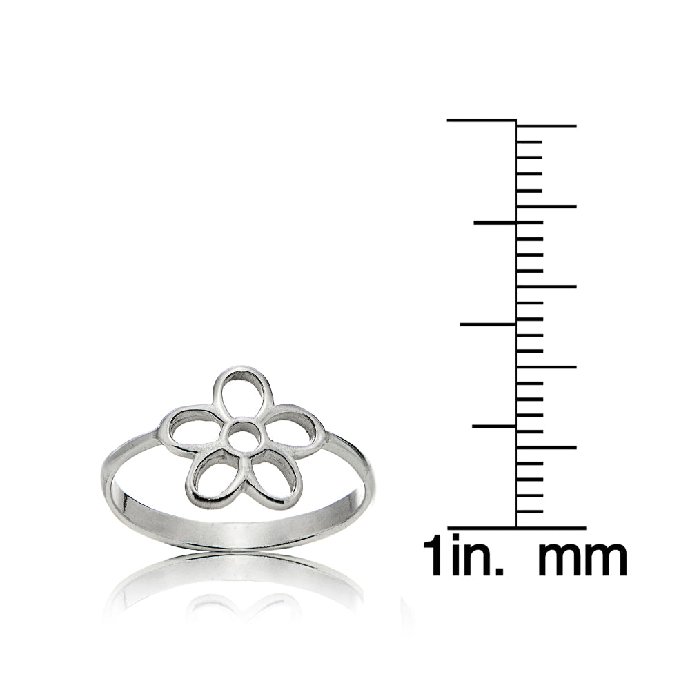 Sterling Silver High Polished Plain Simple Hollow Cutout Flower Ring,-3