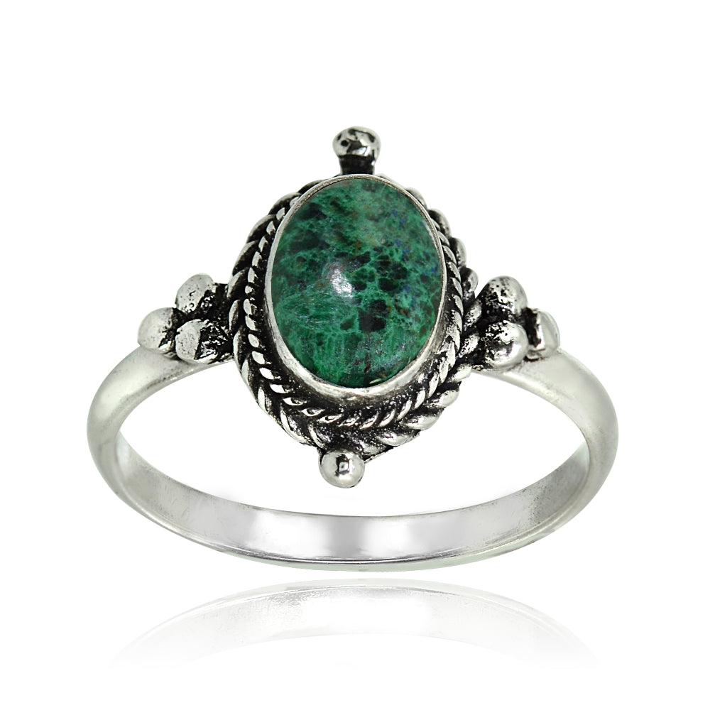 Sterling Silver Created Azurite Oval Bali Bead Twist Rope Ring,