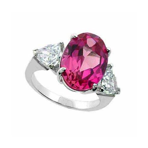 Sterling Silver Created Pink Sapphire & CZ Three Stone Ring