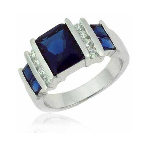 Sterling Silver Rectangular Blue Tanzanite & Clear CZ Ring