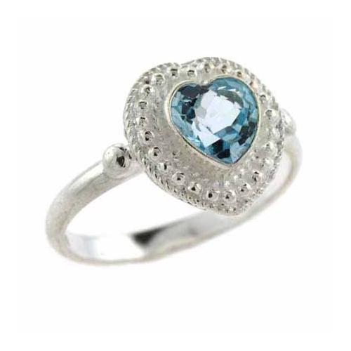 Sterling Silver Bali Bead Blue Topaz Heart Ring