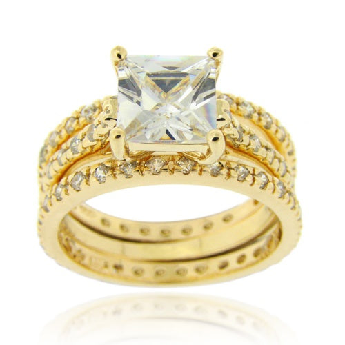 1K Gold over Sterling Silver Square CZ Wedding Engagement Ring Set