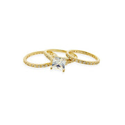 1K Gold over Sterling Silver Square CZ Wedding Engagement Ring Set