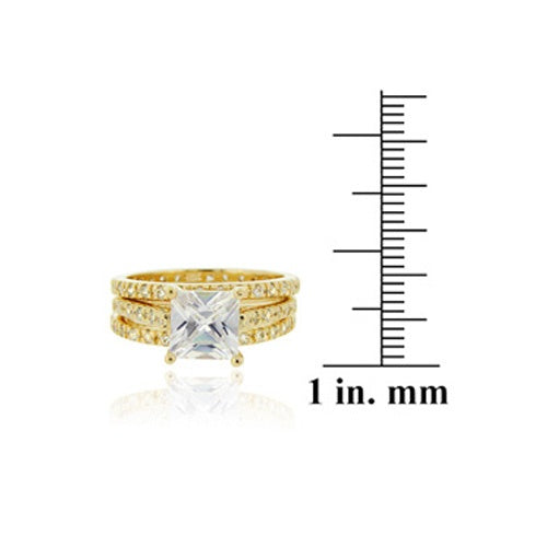 1K Gold over Sterling Silver Square CZ Wedding Engagement Ring Set