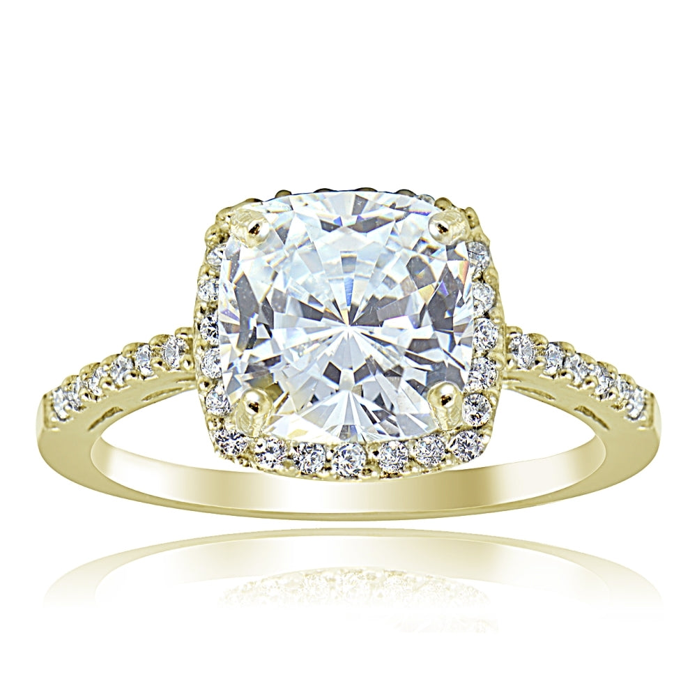 Gold Tone over Sterling Silver Cubic Zirconia Cushion-cut Bridal Halo Engagement Ring