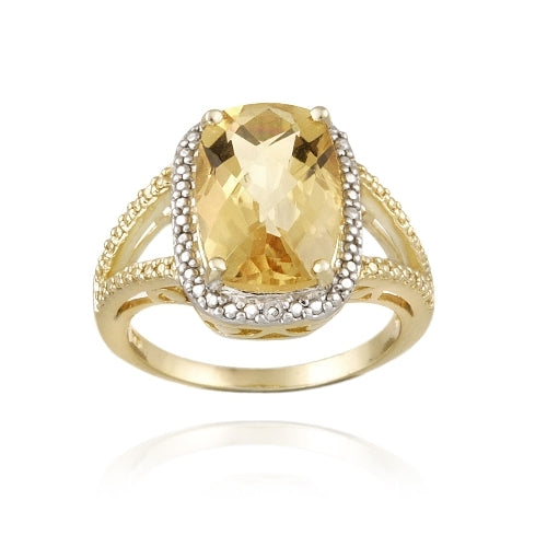 1K Gold over Sterling Silver .1ct Citrine & Diamond Accent Cushion Cut Ring