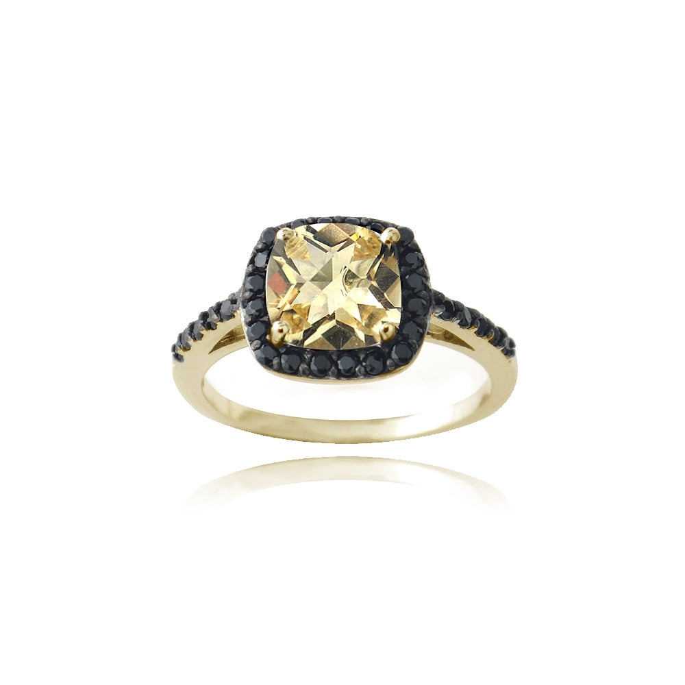 Gold Tone over Sterling Silver 2.ct Citrine & Black Spinel Cushion Cut Ring