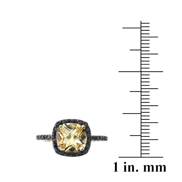 Gold Tone over Sterling Silver 2.ct Citrine & Black Spinel Cushion Cut Ring