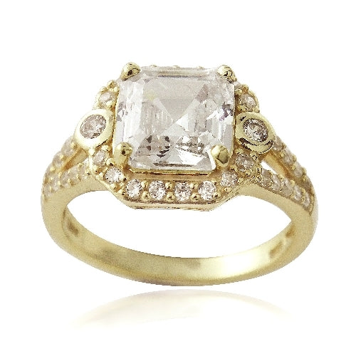 1K Gold over Sterling Silver 3ct Asscher Cut CZ Diamond-Shape Split Shank Ring