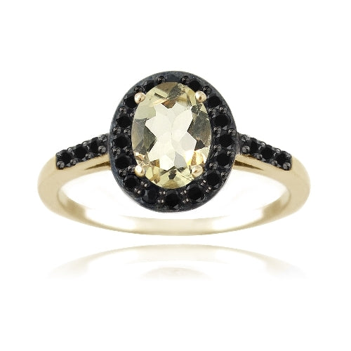 1K Gold over Sterling Silver 1.3ct Citrine & Black Spinel Oval Ring