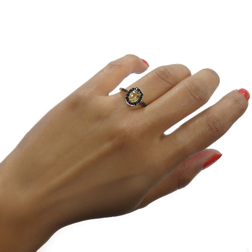 1K Gold over Sterling Silver 1.3ct Citrine & Black Spinel Oval Ring-4