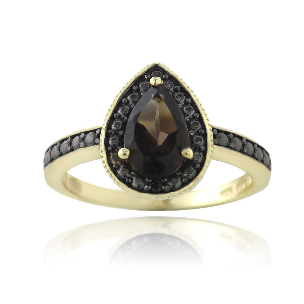 1K Gold over Sterling Silver 1 ct Smoky Topaz & Black Diamond Accent Teardrop Ring