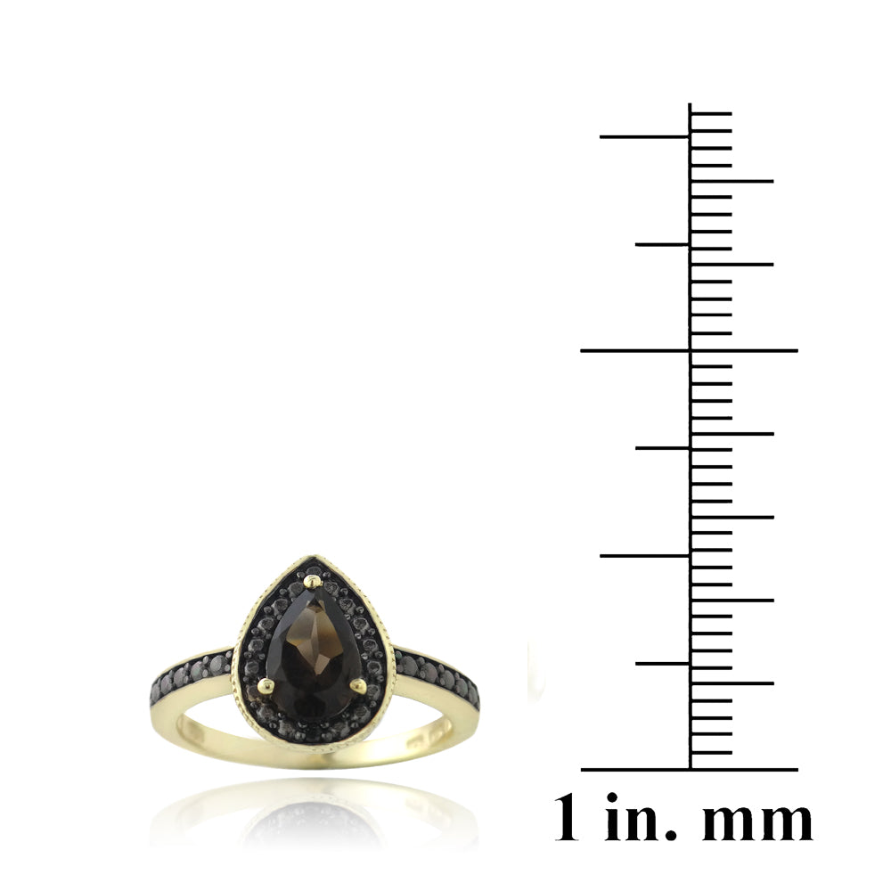 1K Gold over Sterling Silver 1 ct Smoky Topaz & Black Diamond Accent Teardrop Ring-3
