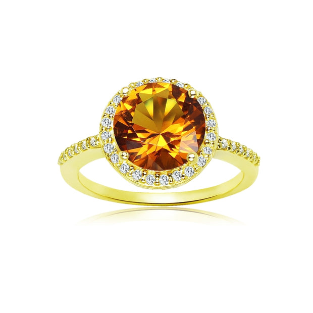 Yellow Gold Flashed Silver Created Citrine and Cubic Zirconia Round Halo Ring,