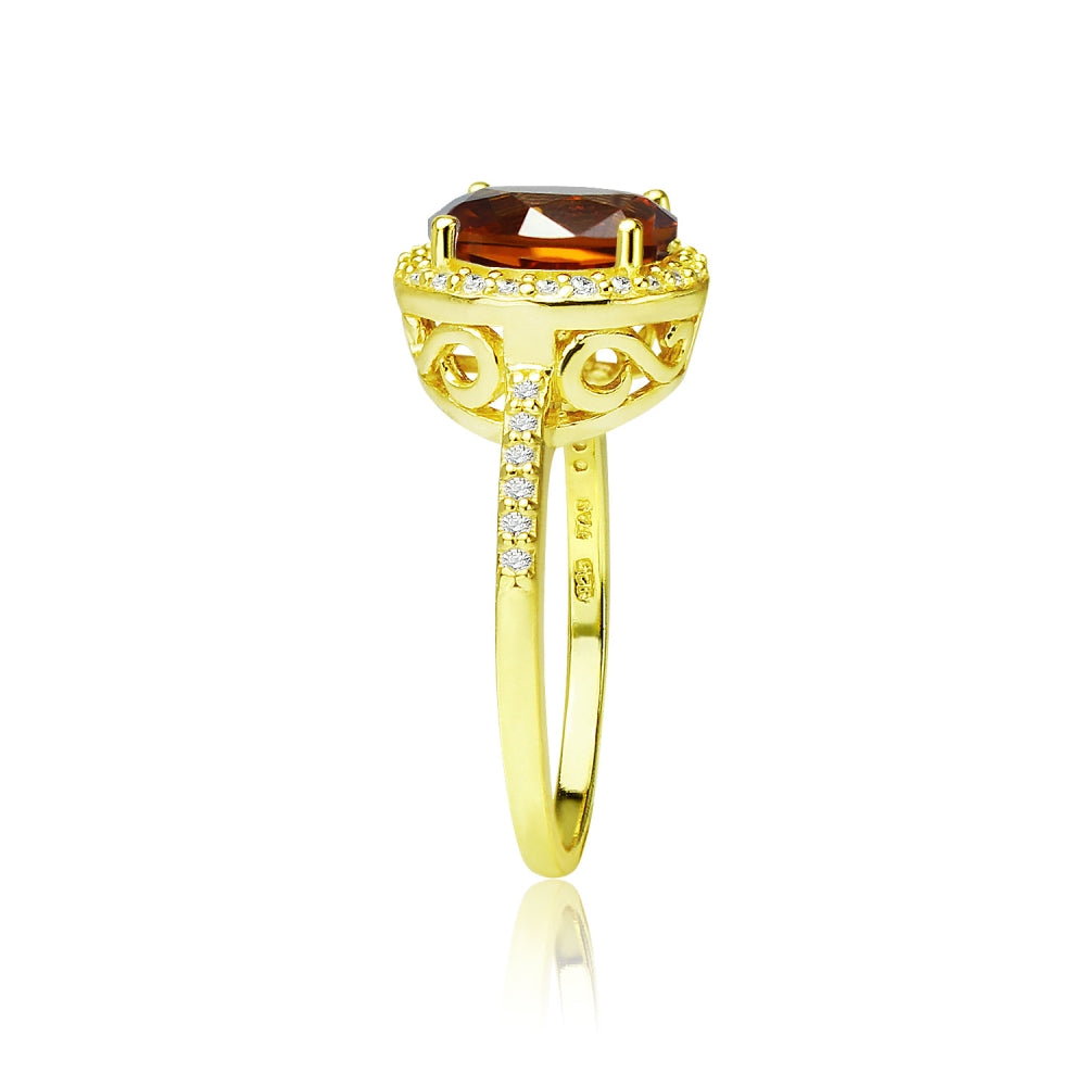 Yellow Gold Flashed Silver Created Citrine and Cubic Zirconia Round Halo Ring,-2